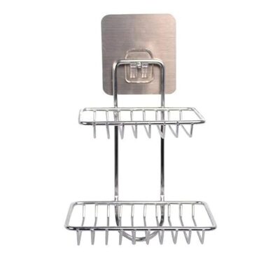 Self Adhesive Double Layer Stainless Steel Soap Dish with Hook for Bathroom Kitchen Sink and Wash Basin Silver Pack of 1