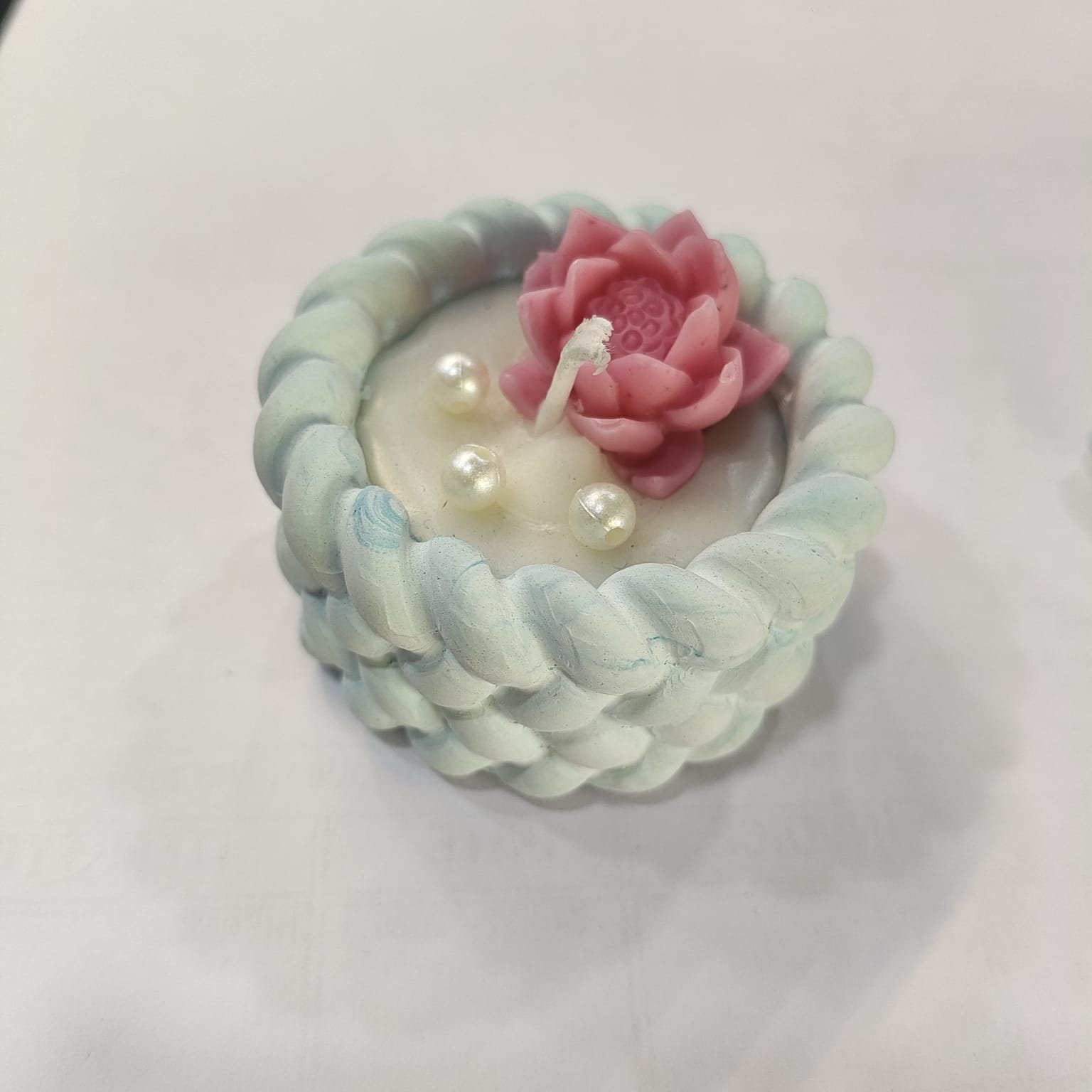 Handcrafted Floral Wax Candle with Decorative Braided Holder, Pink Lotus Design