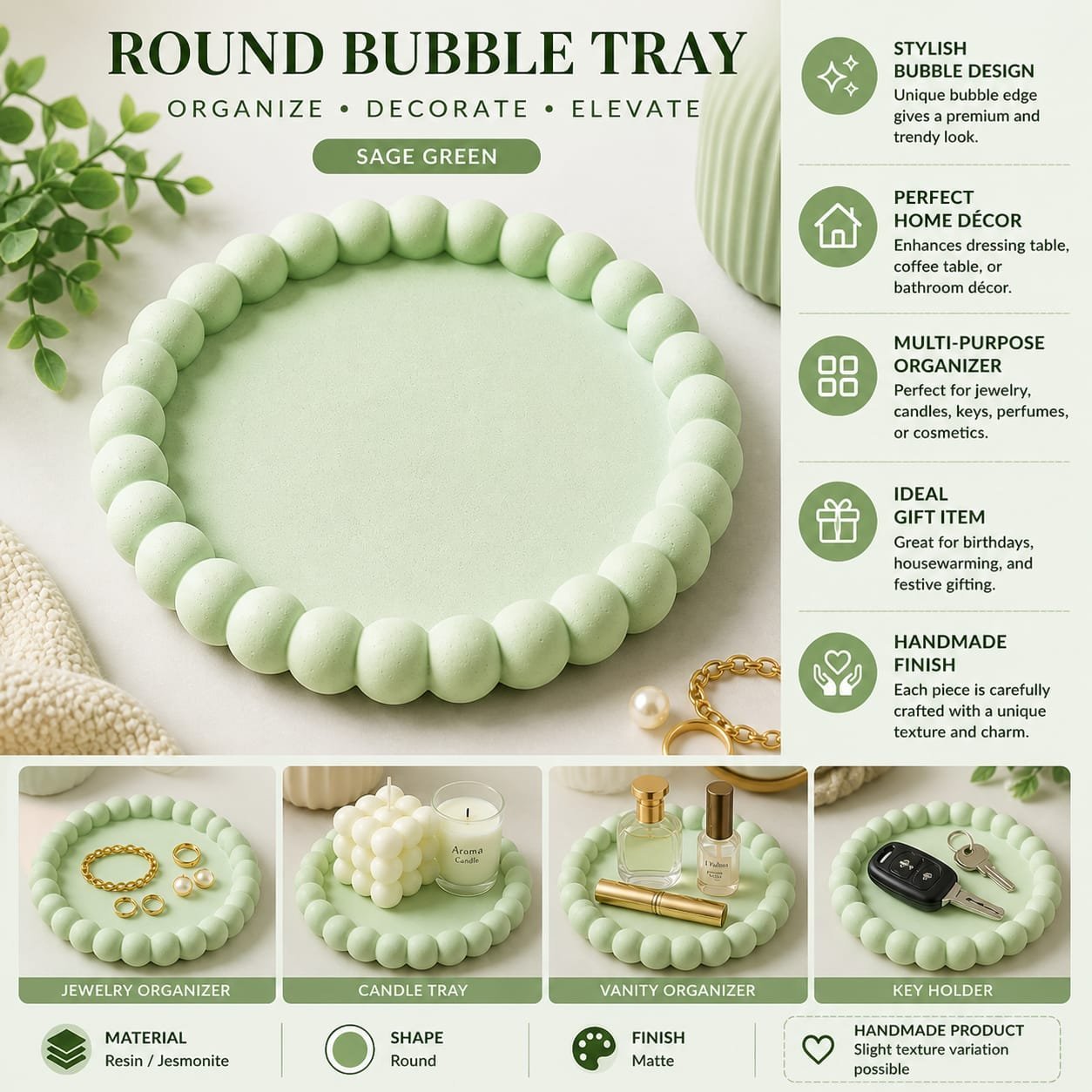 Dishtrend Round Bubble Tray, Classic White, Resin, Matte Finish - Image 3