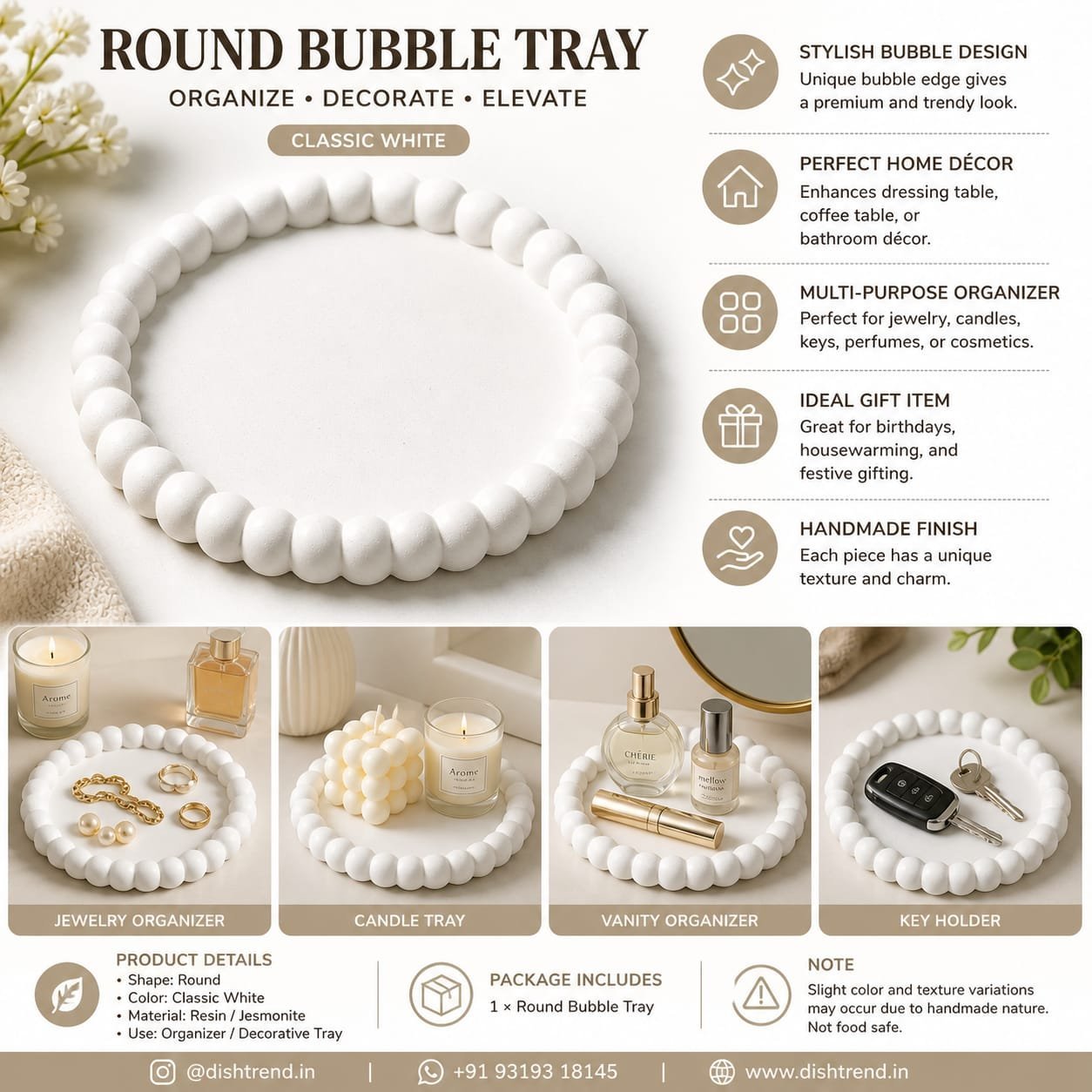 Dishtrend Round Bubble Tray, Classic White, Resin, Matte Finish - Image 2