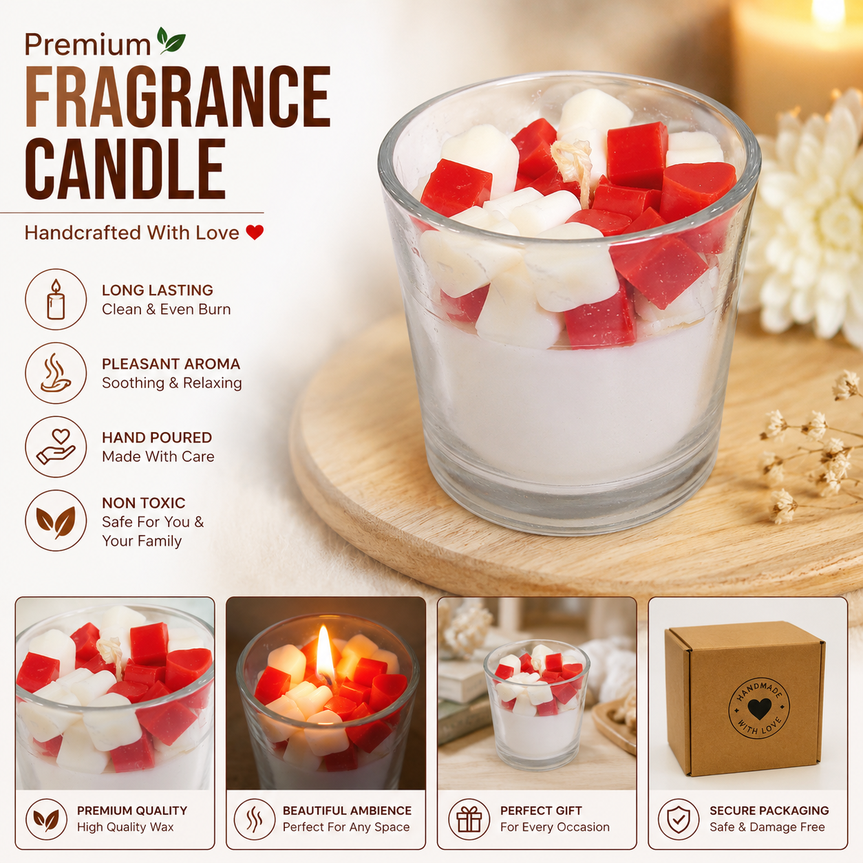 Dishtrend Premium Fragrance Candle in Glass, Red and White