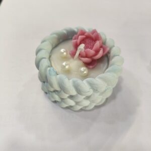 Handcrafted Floral Wax Candle with Decorative Braided Holder, Pink Lotus Design