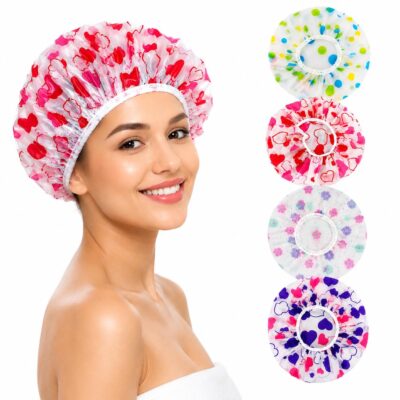 Shower Cap for Women, Reusable Waterproof EVA Bath Cap with Elastic Band