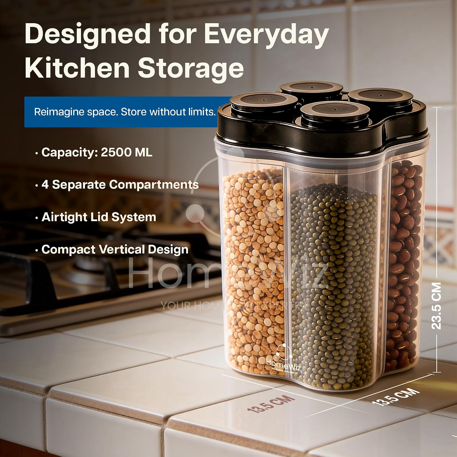 4-Section Airtight Kitchen Storage Box, 2500ml, BPA-Free Plastic